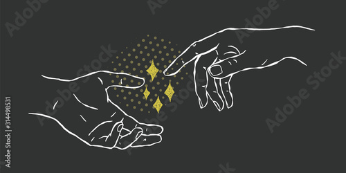 Vector illustration with magical hands and stars. Hand drawn mystic design on dark background.