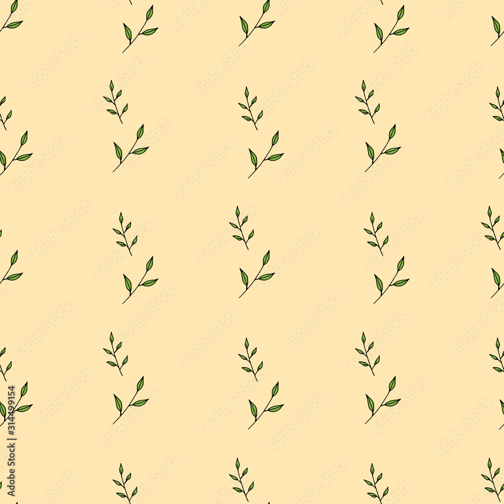 Seamless background with green decorative branches on beige background. Endless pattern for your design. Seamless background with green decorative branches on beige background. Endless pattern for your design.