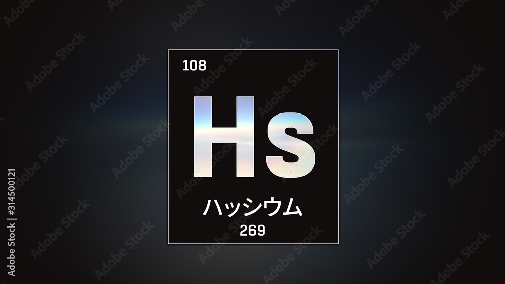 3D illustration of Hassium as Element 108 of the Periodic Table. Grey illuminated atom design background with orbiting electrons name atomic weight element number in Japanese language 3D illustration of Hassium as Element 108 of the Periodic Table. Grey illuminated atom design background with orbiting electrons name atomic weight element number in Japanese language