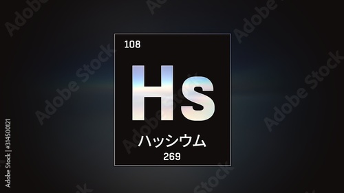 3D illustration of Hassium as Element 108 of the Periodic Table. Grey illuminated atom design background with orbiting electrons name atomic weight element number in Japanese language