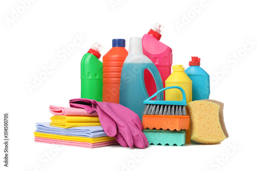 Bottles with detergent and cleaning supplies isolated on white background