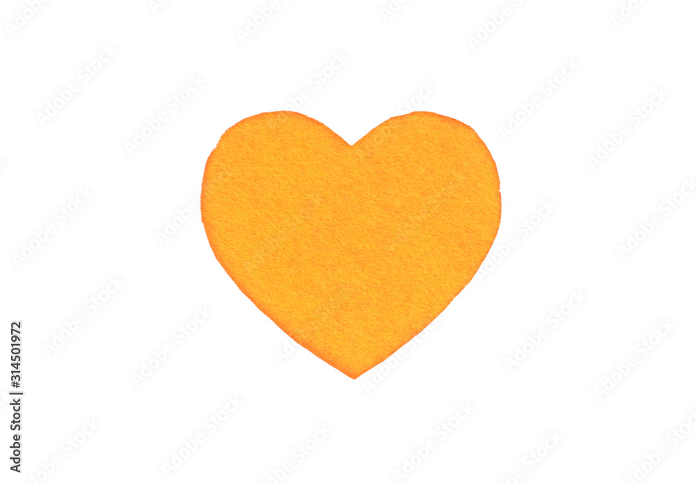 Оne felt orange heart on a white isolated background. Stock photo for the day of St. Valentine with empty space for your text. For web, print, postcards and wallpaper.