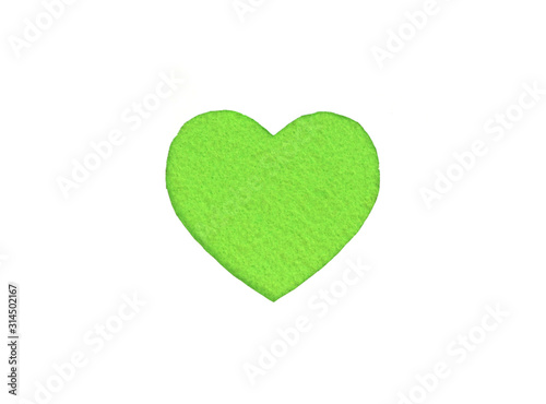 Оne green felt heart on a white isolated background. Love of nature, ecofriendly mood. Stock photo for the day of St. Valentine with empty space for your text. For web, print, postcards and wallpaper.