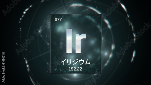 3D illustration of Iridium as Element 77 of the Periodic Table. Green illuminated atom design background with orbiting electrons name atomic weight element number in Japanese language