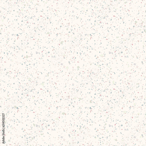 Terrazzo marble seamless pattern. Vector texture of mosaic floor with natural stones, granite, marble, quartz, limestone, concrete. Polished rock flooring surface. White background with colored chips 