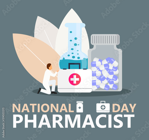 National Pharmacist Day is celebrated in January 12. Doctor of pharmacy is working in drugstore and standing near medicine pills, bottle. Staff helps to choose medicaments. Healthcare concept