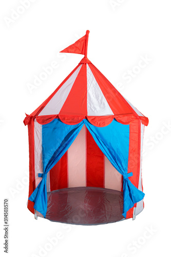 open children white and red striped circus tent with flag on top for kids games isolated on white background