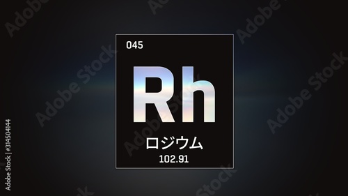 3D illustration of Rhodium as Element 45 of the Periodic Table. Grey illuminated atom design background orbiting electrons name, atomic weight element number in Japanese language