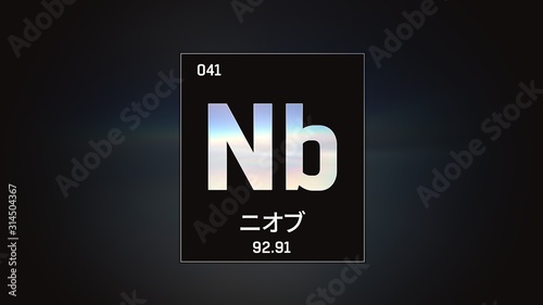 3D illustration of Niobium as Element 41 of the Periodic Table. Grey illuminated atom design background orbiting electrons name, atomic weight element number in Japanese language
