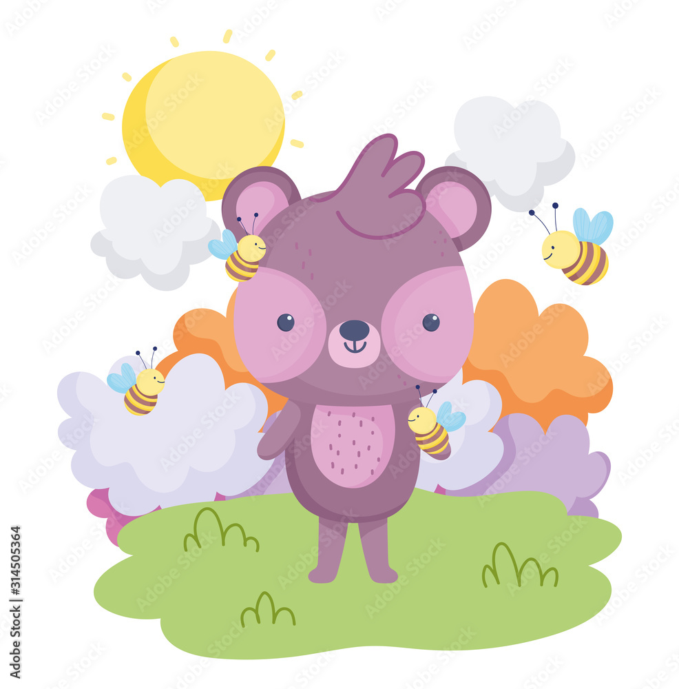 Fototapeta premium cute animals, little bear flying bee clouds grass card
