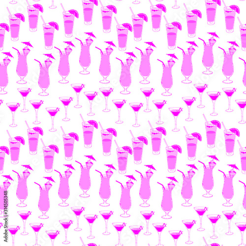 Seamless pattern with pink coctails. Hand drawing sketches for Valentine's Day, can be printed on textile, wallpaper, wrapping paper, greeting cards, used in logo, banner, landing page. Vector
