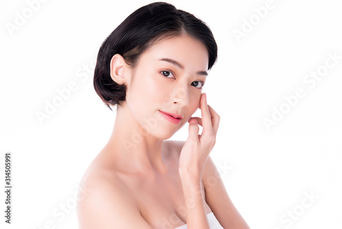 Portrait beautiful young asian woman clean fresh bare skin concept. Asian girl beauty face skincare and health wellness  Facial treatment  Perfect skin  Natural make up  on white background