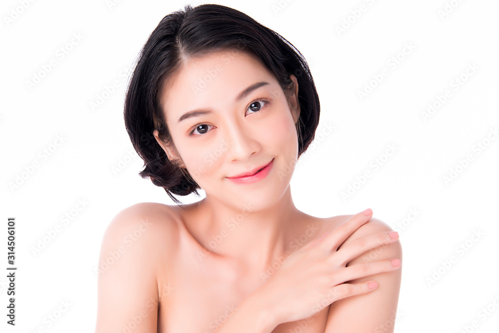 Portrait beautiful young asian woman clean fresh bare skin concept. Asian girl beauty face skincare and health wellness, Facial treatment, Perfect skin, Natural make up, on white background Portrait beautiful young asian woman clean fresh bare skin concept. Asian girl beauty face skincare and health wellness, Facial treatment, Perfect skin, Natural make up, on white background