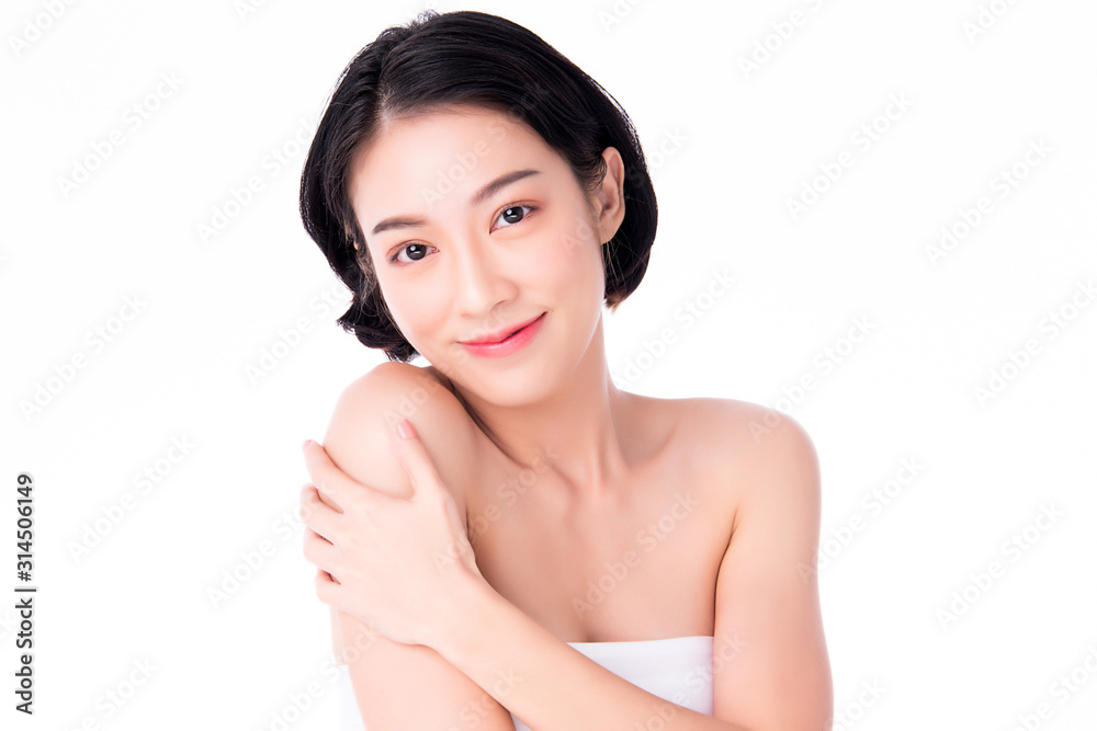 Portrait beautiful young asian woman clean fresh bare skin concept. Asian girl beauty face skincare and health wellness, Facial treatment, Perfect skin, Natural make up, on white background Portrait beautiful young asian woman clean fresh bare skin concept. Asian girl beauty face skincare and health wellness, Facial treatment, Perfect skin, Natural make up, on white background