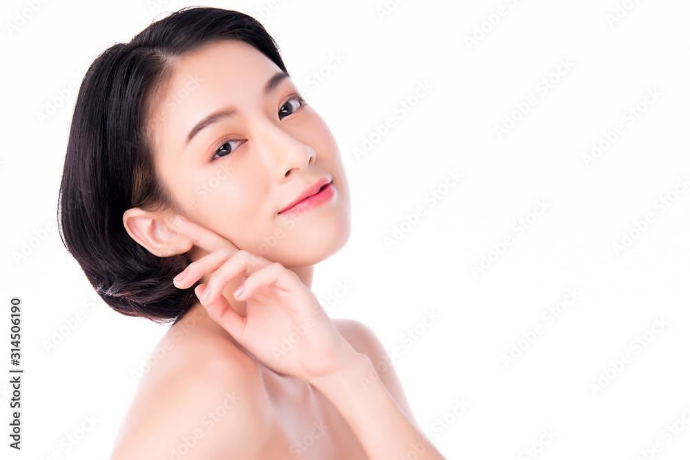 Portrait beautiful young asian woman clean fresh bare skin concept. Asian girl beauty face skincare and health wellness, Facial treatment, Perfect skin, Natural make up, on white background Portrait beautiful young asian woman clean fresh bare skin concept. Asian girl beauty face skincare and health wellness, Facial treatment, Perfect skin, Natural make up, on white background