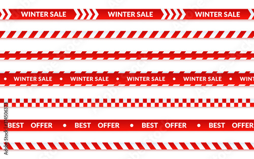 Winter sale ribbons, abstract christmas sale banner set on white. Vector caution tape about shopping, best offer holiday banner. Graphic illustration in cartoon style.