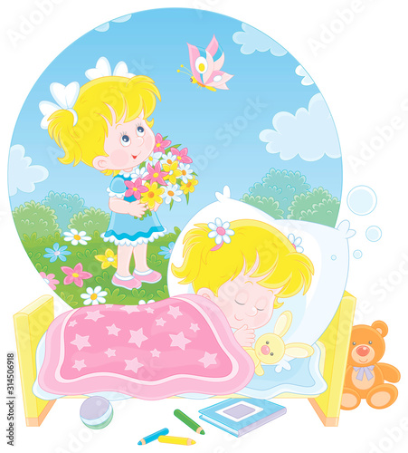 Little girl sleeping in her bed and dreaming of a sunny summer day  colorful flowers and a beautiful butterfly  vector cartoon illustration on a white background