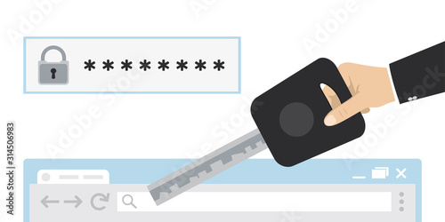 Password and personal data protection. Internet security. Part of web browser and hand holding key