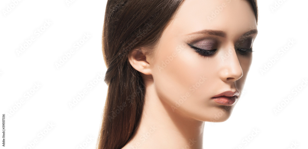 Portrait of beautiful young brunette woman with smooth skin isolated on white. Portrait of beautiful young brunette woman with smooth skin isolated on white.