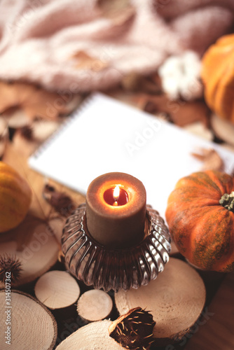 Cozy autumn composition with a candle and a candlestick. © Maryna