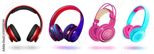 Set of modern professional headphones isolated on white background, realistic vector illustration. photo