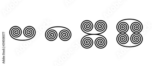Spiral form ornaments. Two connected linear spirals forming buckle or volute shaped symbols, also combined in two different figures. Isolated black-and-white illustration on white background. Vector.