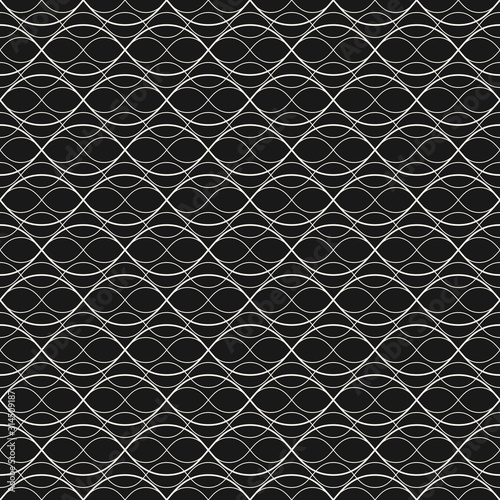 Subtle vector background. Abstract geometric seamless pattern with thin curved lines, weaving, mesh, lattice. Dark delicate monochrome texture. Design element for decor, fabric, digital, web, covers