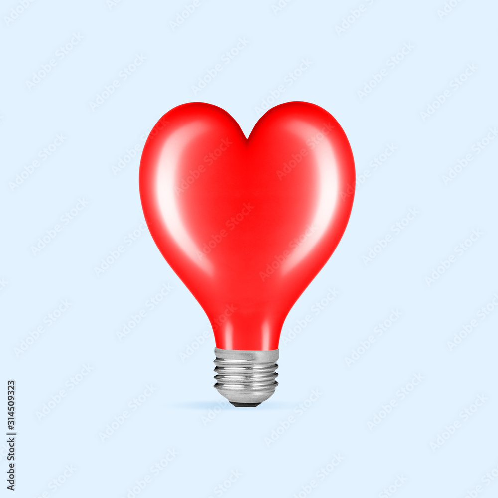 Card for Saint Valentine's Day. Lightbulb as a balloon shaped of heart on blue background. Copyspace. Modern design. Contemporary colorful and conceptual bright art collage. Romantic, love concept. Card for Saint Valentine's Day. Lightbulb as a balloon shaped of heart on blue background. Copyspace. Modern design. Contemporary colorful and conceptual bright art collage. Romantic, love concept.