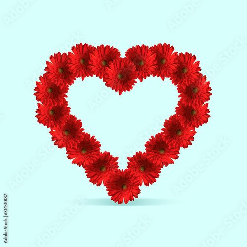 Card for Saint Valentine's Day. Red blooming flowers shaped of heart on blue background. Copyspace. Modern design. Contemporary colorful and conceptual bright art collage. Romantic, love concept.