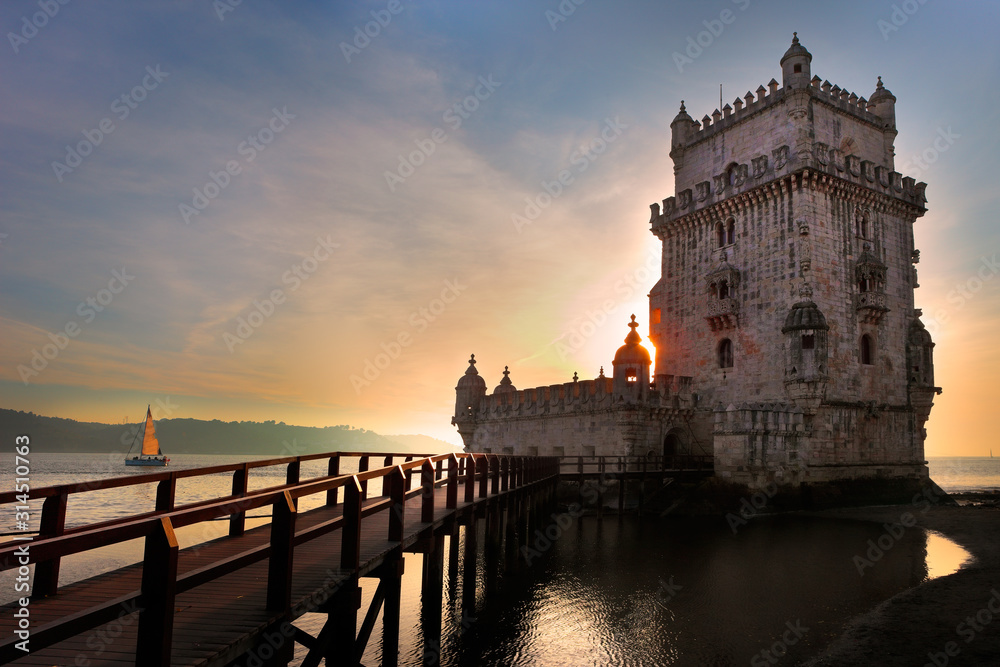 Belem Tower at sunset beautiful light in Lisbon, Portugal