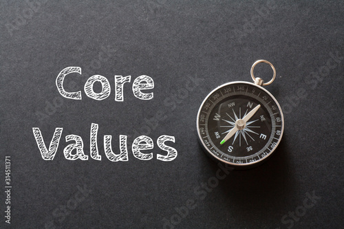 Written Core Values words on black background with compass