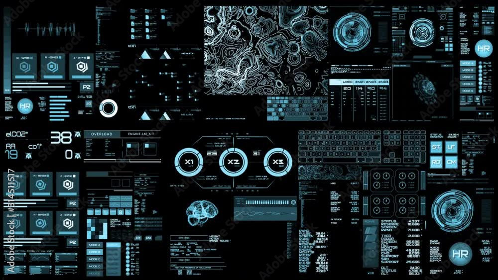 light blue Futuristic interface/Digital screen.Detailed abstract background with blinking and switching indicators and statuses showing work of command center, processing big data, machine deep learni