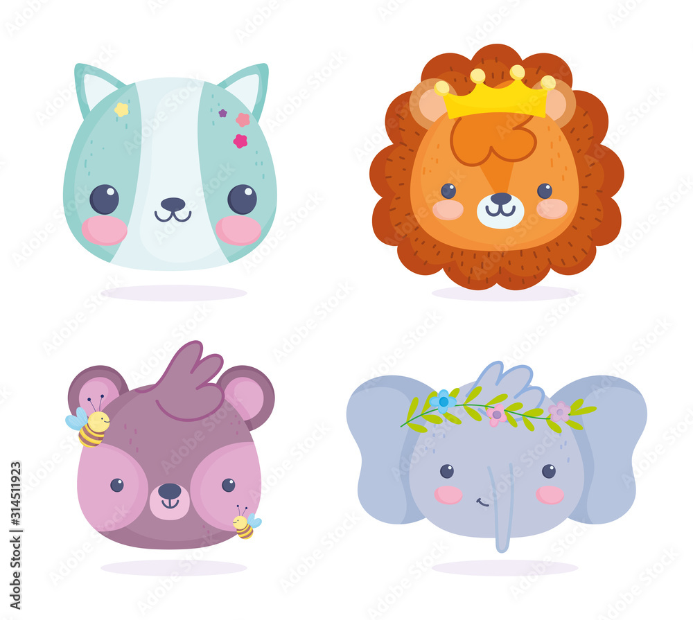 cute animals, little cat lion elephant and bear with bee cartoon cute animals, little cat lion elephant and bear with bee cartoon