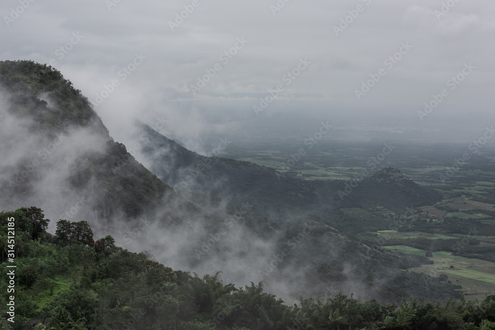 View over Kerala rainforest on cloudy, overcast day in the monsoon season