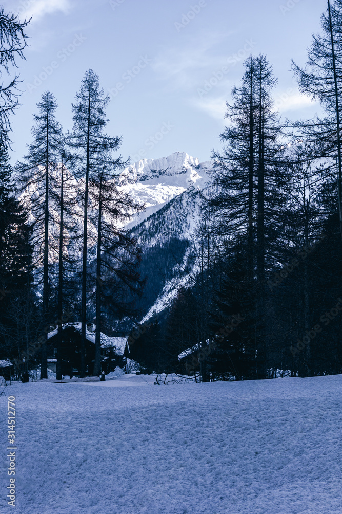 The town of Macugnaga, in the Italian Alps, with its typical houses, the snow and Monte Rosa - December 2019. - obrazy, fototapety, plakaty 