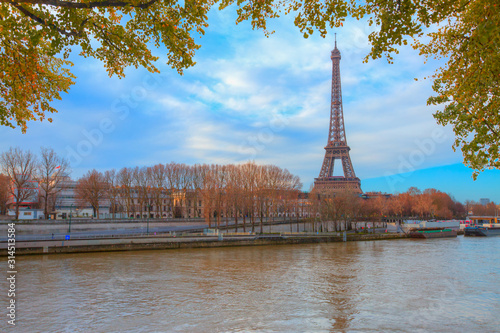 Eifel Tower and river Seine with trees 