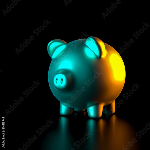 golden piggybank on black and colored side lights.