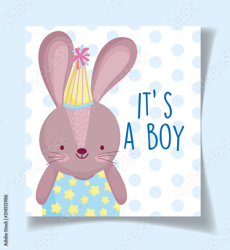 boy or girl, gender reveal its a boy cute rabbit with party hat decoration card
