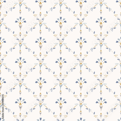 French shabby chic damask vector texture background. Dainty flower in blue and yellow on off white seamless pattern. Hand drawn floral interior home decor swatch. Classic farmouse style all over print