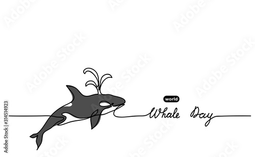 World whale day minimal vector banner.  Killer whale with fountain illustration.  One continuous line drawing, background, banner, illustration.