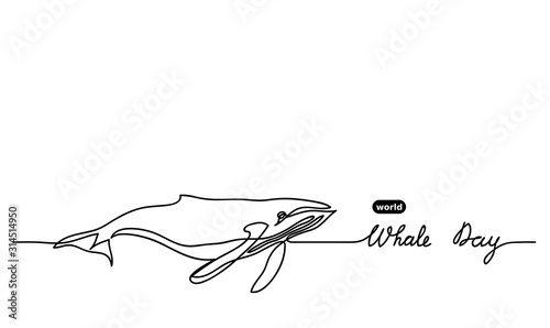 World whale day simple vector background.  Blue whale with lettering illustration.  One continuous line drawing, background, banner.