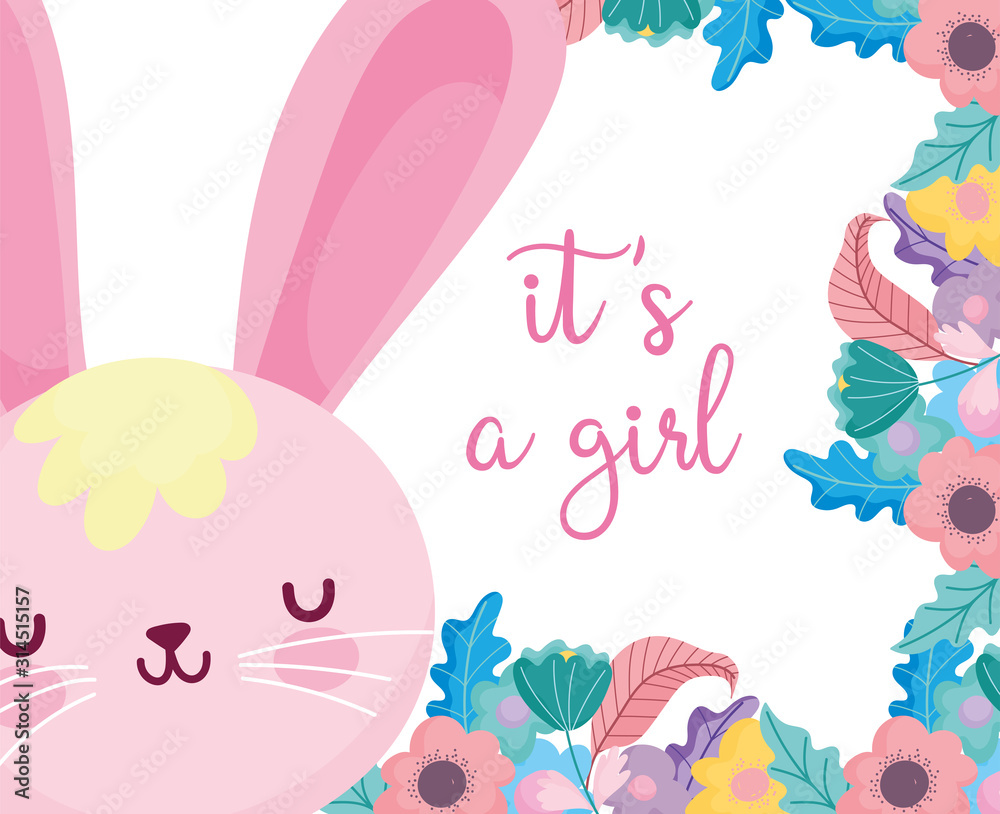 boy or girl, gender reveal its a girl cute rabbit flowers decoration card