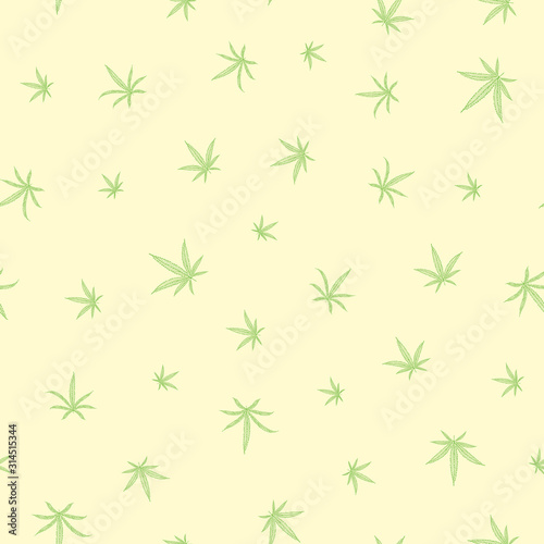 Green hand drawn vector leaves in loose all over print. Seamless pattern on pastel yellow background. Great for wellness, health, organic, garden products, packaging, brochures, print, fabric © Gaianami  Design