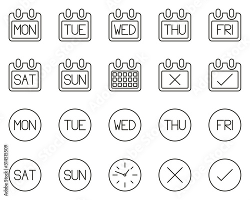 Days Of The Week Icons Black & White Thin Line Set Big photo