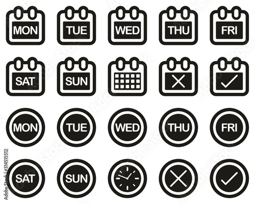 Days Of The Week Icons White On Black Sticker Set Big