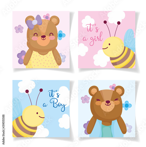 boy or girl, gender reveal cute animals cards invitation