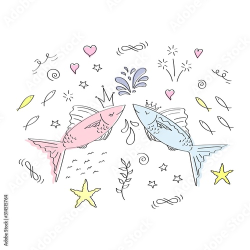 Cute fish pattern. Hand drawn sea pattern. Greeting card Happy Valentine's Day. Doodle, sketch modern design. Pisces zodiac signs. Print for children prince and princess.