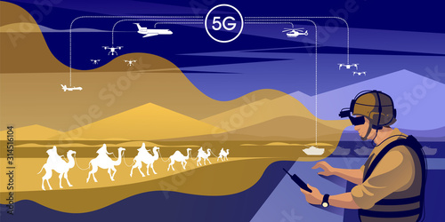 5G is the fifth generation wireless technology digital cellular as military communication infrastructure. Flat vector conceptual diagram illustration.