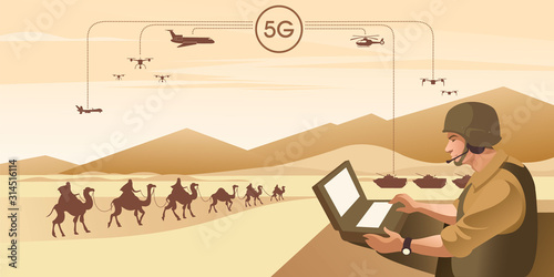 5G is the fifth generation wireless technology digital cellular as military intelligence communication infrastructure. Flat vector conceptual diagram illustration.