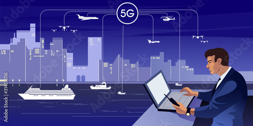 5G is the fifth generation wireless technology digital cellular as police and civil communication infrastructure. Flat vector conceptual diagram illustration.